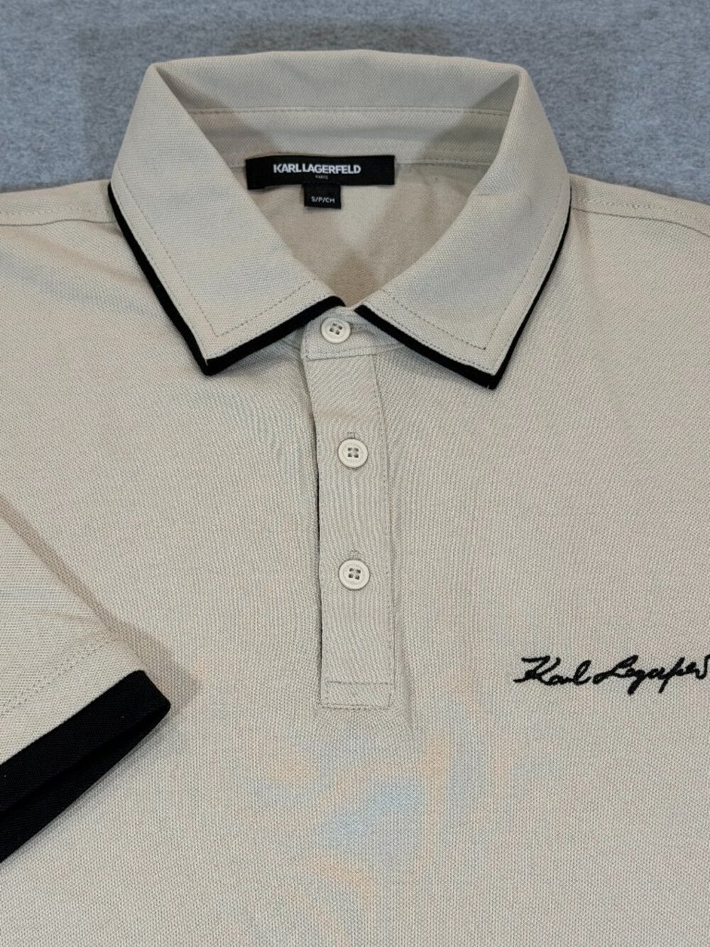 Karl Lagerfeld Paris Men's Polo Shirt Small Beige Black Trim Signature Logo NWT